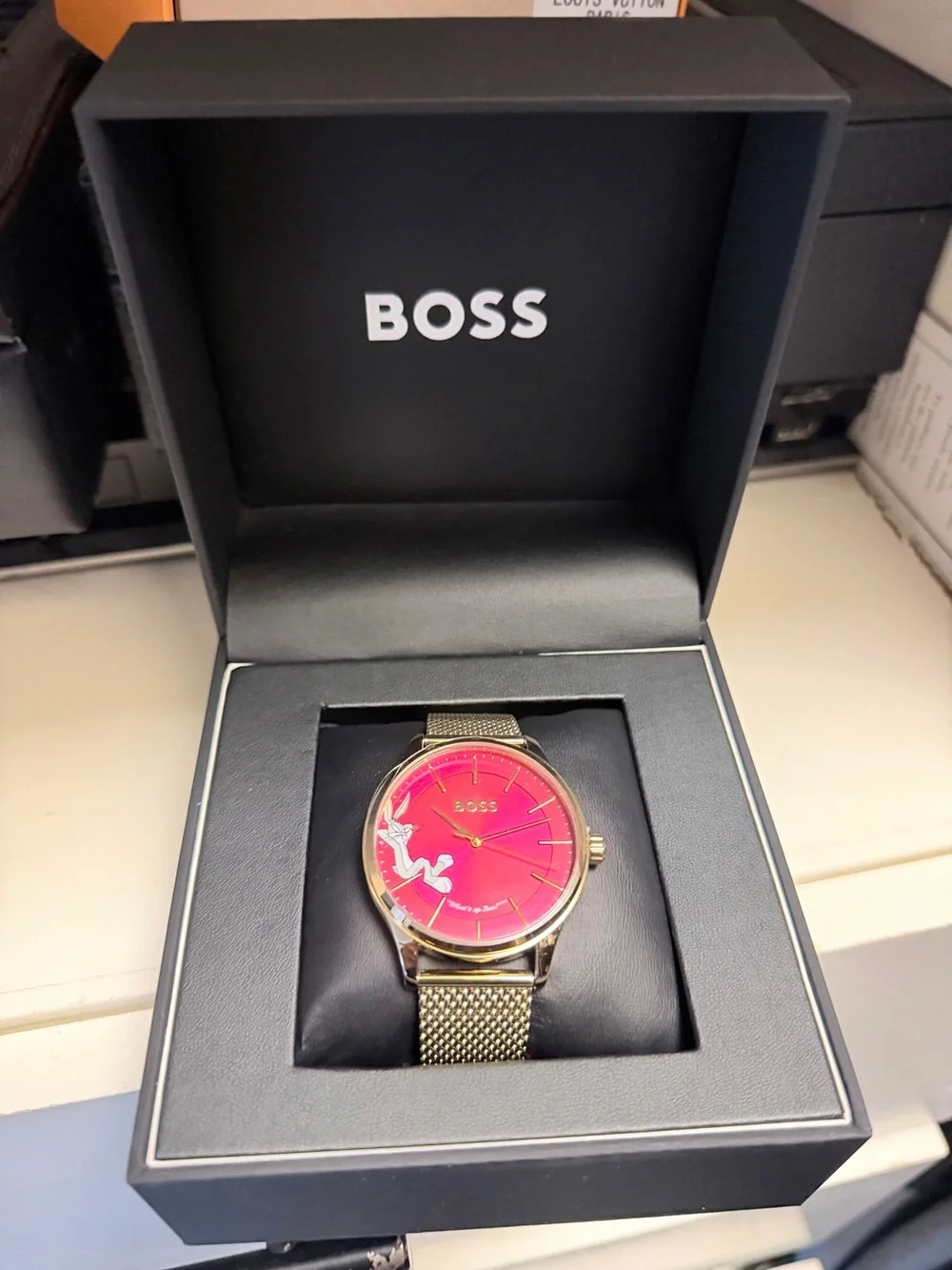 Boss Women's Gold Mesh Watch with Fuchsia Pink Dial